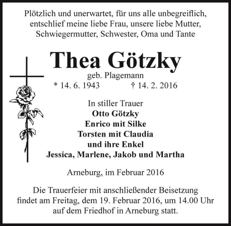  Traueranzeige für Thea Götzky (geb. Plagemann)  vom 17.02.2016 aus Magdeburger Volksstimme
