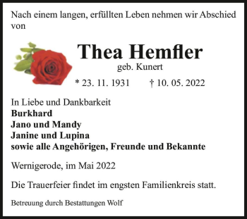 Traueranzeige von Thea Hemfler (geb. Kunert)  von Magdeburger Volksstimme