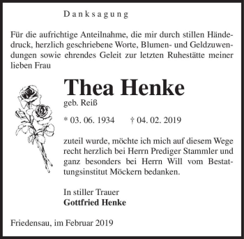 Traueranzeige von Thea Henke (geb. Reiß)  von Magdeburger Volksstimme
