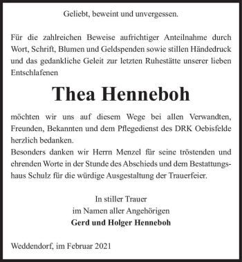 Traueranzeige von Thea Henneboh  von Magdeburger Volksstimme