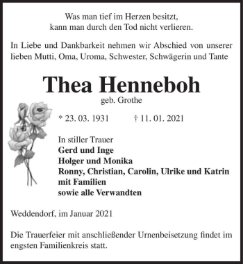 Traueranzeige von Thea Henneboh (geb. Grothe)  von Magdeburger Volksstimme