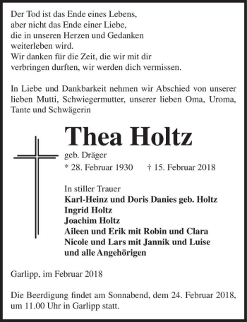 Traueranzeige von Thea Holtz (geb. Dräger)  von Magdeburger Volksstimme