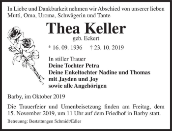 Traueranzeige von Thea Keller (geb. Eckert)  von Magdeburger Volksstimme