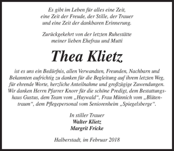 Traueranzeige von Thea Klietz  von Magdeburger Volksstimme