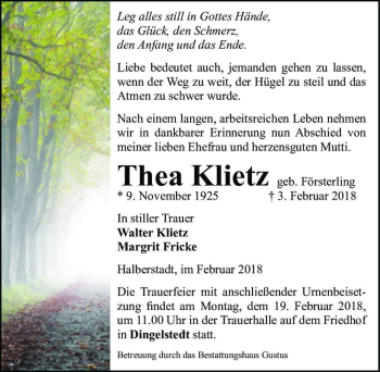 Traueranzeige von Thea Klietz (geb. Försterling)  von Magdeburger Volksstimme
