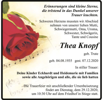 Traueranzeige von Thea Knopf (geb. Trute)  von Magdeburger Volksstimme