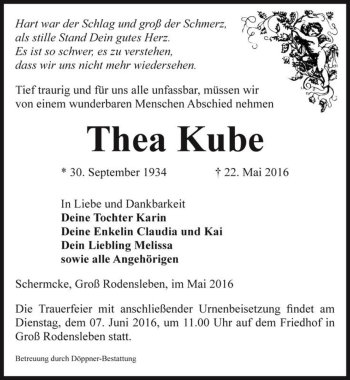 Traueranzeige von Thea Kube  von Magdeburger Volksstimme