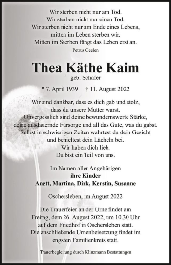 Traueranzeige von Thea Käthe Kaim (geb. Schäfer)  von Magdeburger Volksstimme