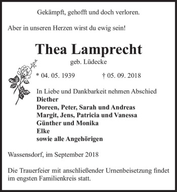Traueranzeige von Thea Lamprecht (geb. Lüdecke)  von Magdeburger Volksstimme
