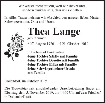 Traueranzeige von Thea Lange (geb. Zeumer)  von Magdeburger Volksstimme
