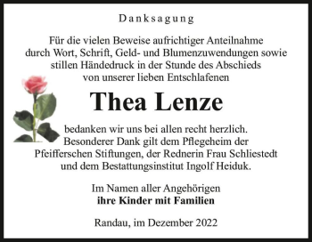 Traueranzeige von Thea Lenze  von Magdeburger Volksstimme