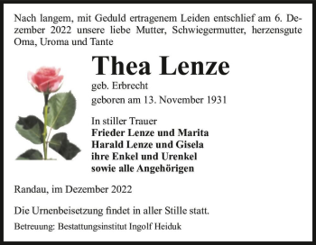 Traueranzeige von Thea Lenze (geb. Erbrecht)  von Magdeburger Volksstimme