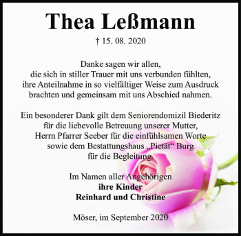 Traueranzeige von Thea Leßmann  von Magdeburger Volksstimme