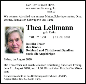 Traueranzeige von Thea Leßmann (geb. Katke)  von Magdeburger Volksstimme