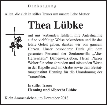 Traueranzeige von Thea Lübke  von Magdeburger Volksstimme