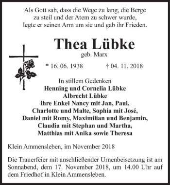 Traueranzeige von Thea Lübke (geb. Marx)  von Magdeburger Volksstimme