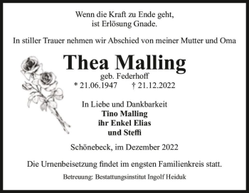 Traueranzeige von Thea Malling (geb. Federhoff)  von Magdeburger Volksstimme
