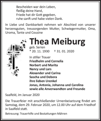 Traueranzeige von Thea Meiburg (geb. Serien)  von Magdeburger Volksstimme