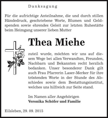 Traueranzeige von Thea Miehe  von Magdeburger Volksstimme