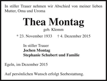 Traueranzeige von Thea Montag (geb. Klemm)  von Magdeburger Volksstimme