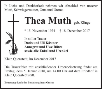 Traueranzeige von Thea Muth (geb. Klinge)  von Magdeburger Volksstimme