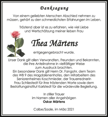 Traueranzeige von Thea Märtens  von Magdeburger Volksstimme