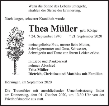 Traueranzeige von Thea Müller (geb. Körtge)  von Magdeburger Volksstimme