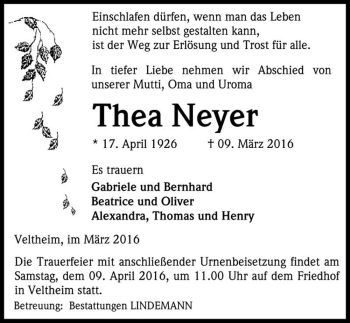 Traueranzeige von Thea Neyer  von Magdeburger Volksstimme