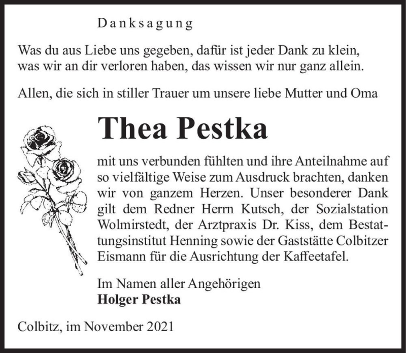  Traueranzeige für Thea Pestka  vom 13.11.2021 aus Magdeburger Volksstimme
