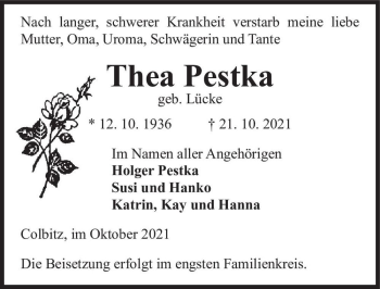 Traueranzeige von Thea Pestka (geb. Lücke)  von Magdeburger Volksstimme
