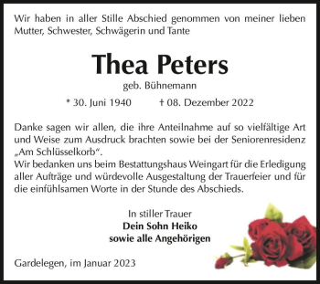 Traueranzeige von Thea Peters (geb. Bühnemann)  von Magdeburger Volksstimme