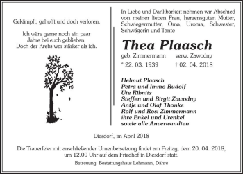 Traueranzeige von Thea Plaasch (geb. Zimmermann, verw. Zawodny)  von Magdeburger Volksstimme