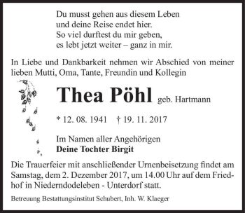Traueranzeige von Thea Pöhl (geb. Hartmann)  von Magdeburger Volksstimme