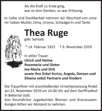 Traueranzeige von Thea Ruge (geb. Isensee)  von Magdeburger Volksstimme