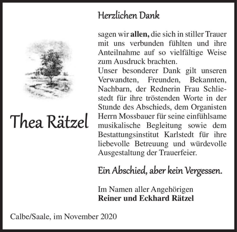  Traueranzeige für Thea Rätzel  vom 28.11.2020 aus Magdeburger Volksstimme