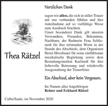 Traueranzeige von Thea Rätzel  von Magdeburger Volksstimme