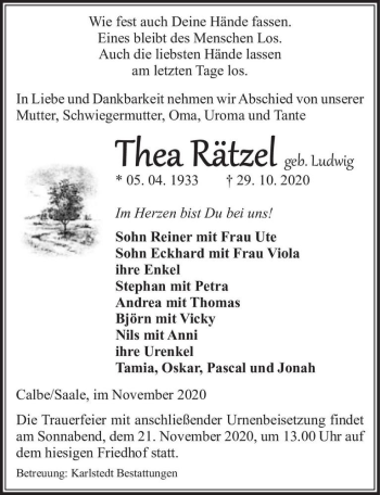 Traueranzeige von Thea Rätzel (geb. Ludwig)  von Magdeburger Volksstimme