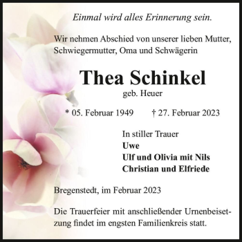 Traueranzeige von Thea Schinkel (geb. Heuer)  von Magdeburger Volksstimme