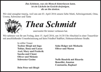 Traueranzeige von Thea Schmidt  von Magdeburger Volksstimme