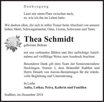 Traueranzeige von Thea Schmidt (geb. Buhrau)  von Magdeburger Volksstimme