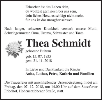 Traueranzeige von Thea Schmidt (geb. Buhrau)  von Magdeburger Volksstimme
