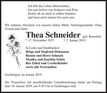 Traueranzeige von Thea Schneider (geb. Kowalski)  von Magdeburger Volksstimme