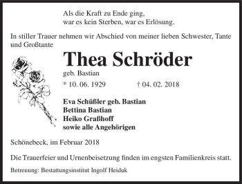 Traueranzeige von Thea Schröder (geb. Bastian)  von Magdeburger Volksstimme