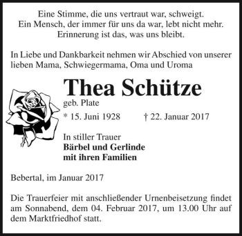 Traueranzeige von Thea Schütze (geb. Plate)  von Magdeburger Volksstimme