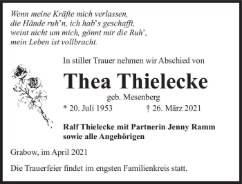 Traueranzeige von Thea Thielecke (geb. Mesenberg)  von Magdeburger Volksstimme