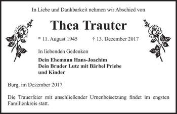 Traueranzeige von Thea Trauter  von Magdeburger Volksstimme