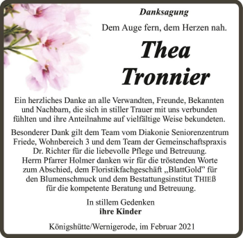 Traueranzeige von Thea Tronnier  von Magdeburger Volksstimme