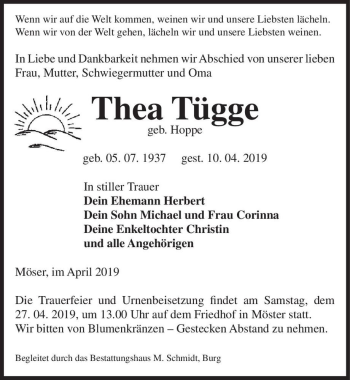 Traueranzeige von Thea Tügge (geb. Hoppe)  von Magdeburger Volksstimme