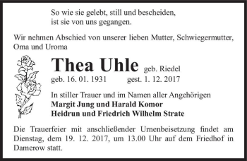 Traueranzeige von Thea Uhle (geb. Riedel)  von Magdeburger Volksstimme