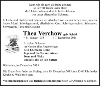 Traueranzeige von Thea Verchow (geb. Schild)  von Magdeburger Volksstimme